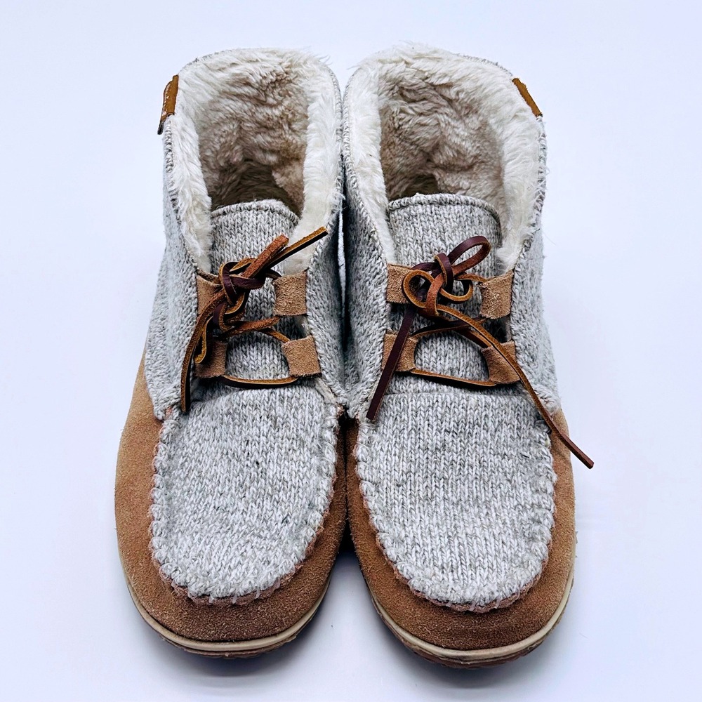 Minnetonka Womens Grey Knit Suede Faux Fur Lined Moccasin Ankle Boots Size 10M